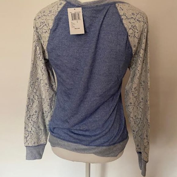 NWT PHILOSOPHY Women S French Terry Blue Heather Lace Pullover Sweatshirt TOP - Picture 4 of 8